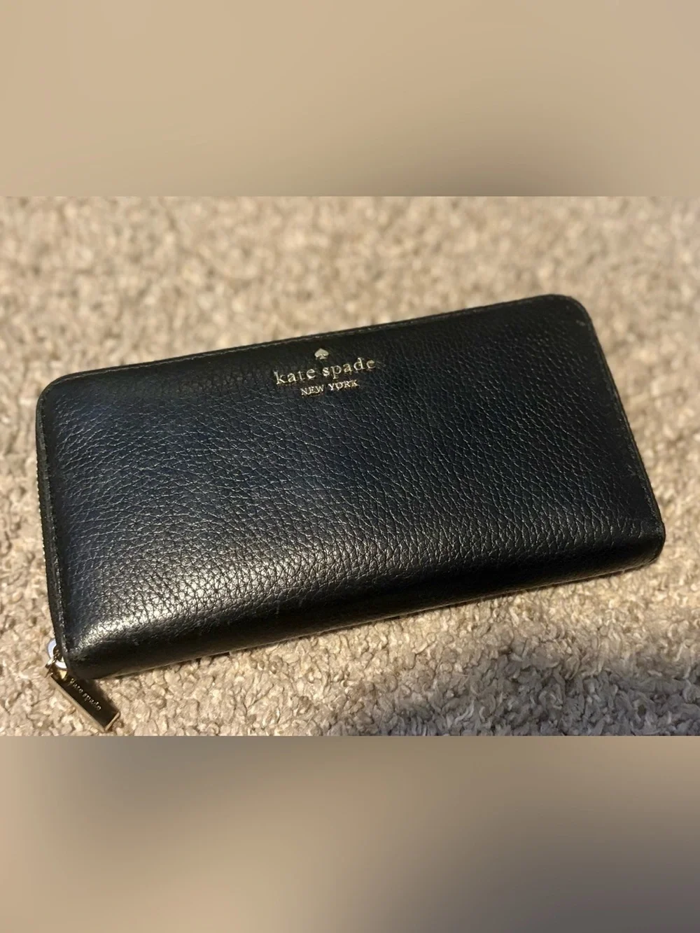 Kate Spade Black Leather Zip Wallet with Gold Toned Hardware
